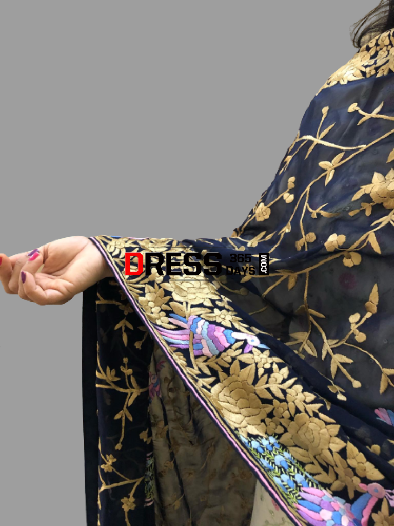 Midnight Blue Hand Embroidered Parsi Gara Dupatta