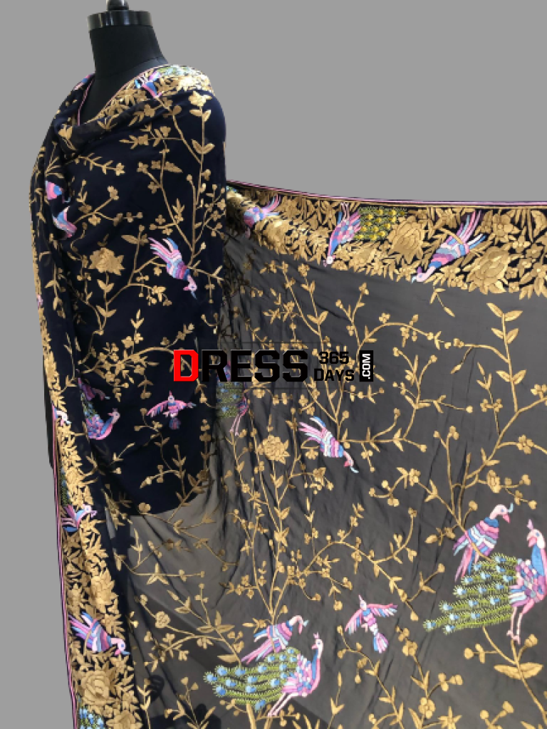 Midnight Blue Hand Embroidered Parsi Gara Dupatta