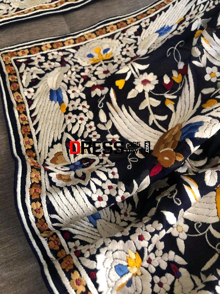 Midnight Blue Multicolour Parsi Gara Dupatta