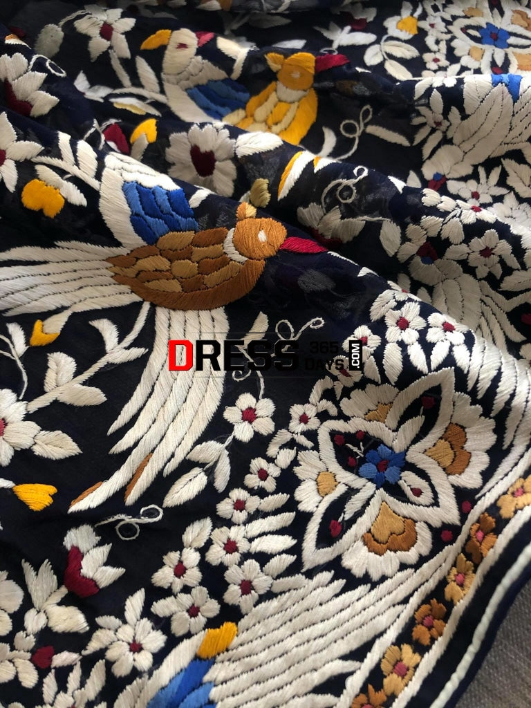 Midnight Blue Multicolour Parsi Gara Dupatta