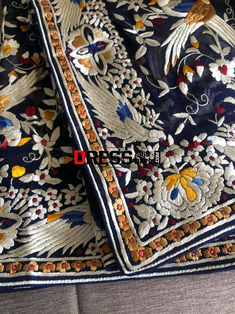 Midnight Blue Multicolour Parsi Gara Dupatta