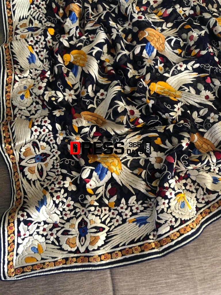 Midnight Blue Multicolour Parsi Gara Dupatta
