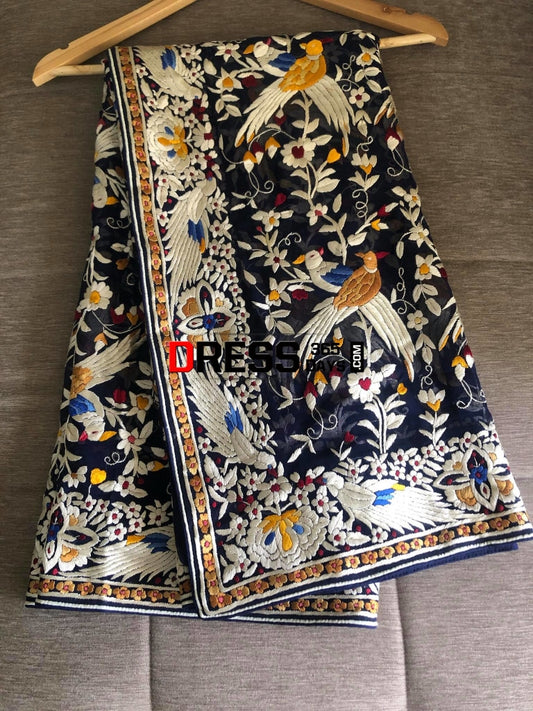 Midnight Blue Multicolour Parsi Gara Dupatta