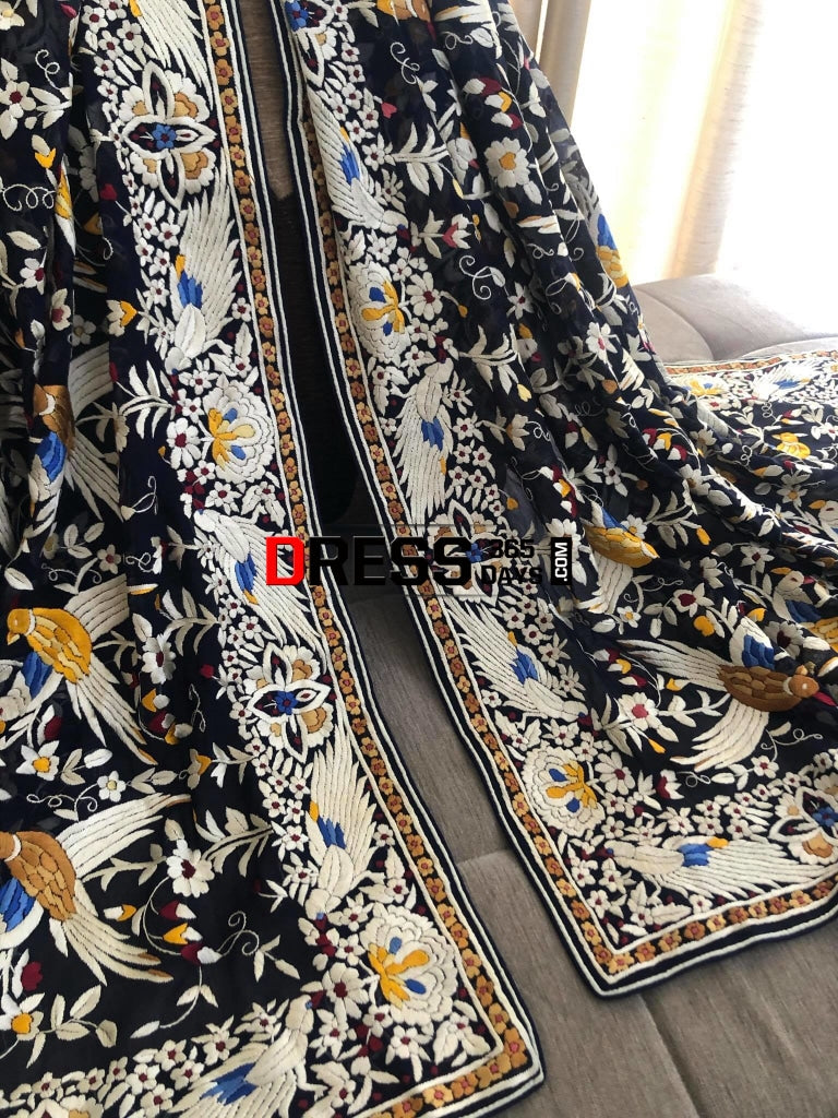 Midnight Blue Multicolour Parsi Gara Dupatta
