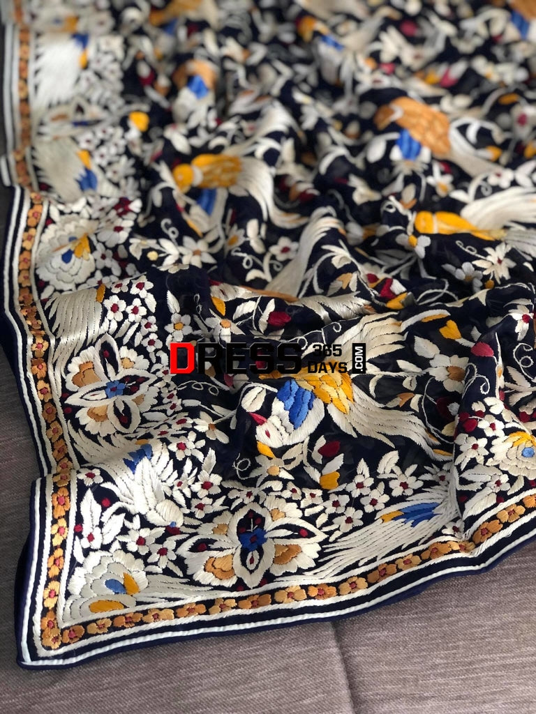 Midnight Blue Multicolour Parsi Gara Dupatta