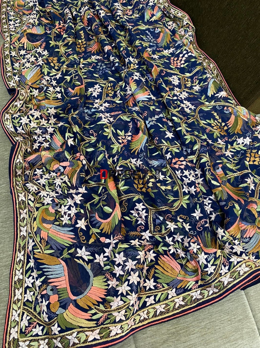 Midnight Blue & Multicolour Parsi Gara Hand Embroidered Dupatta