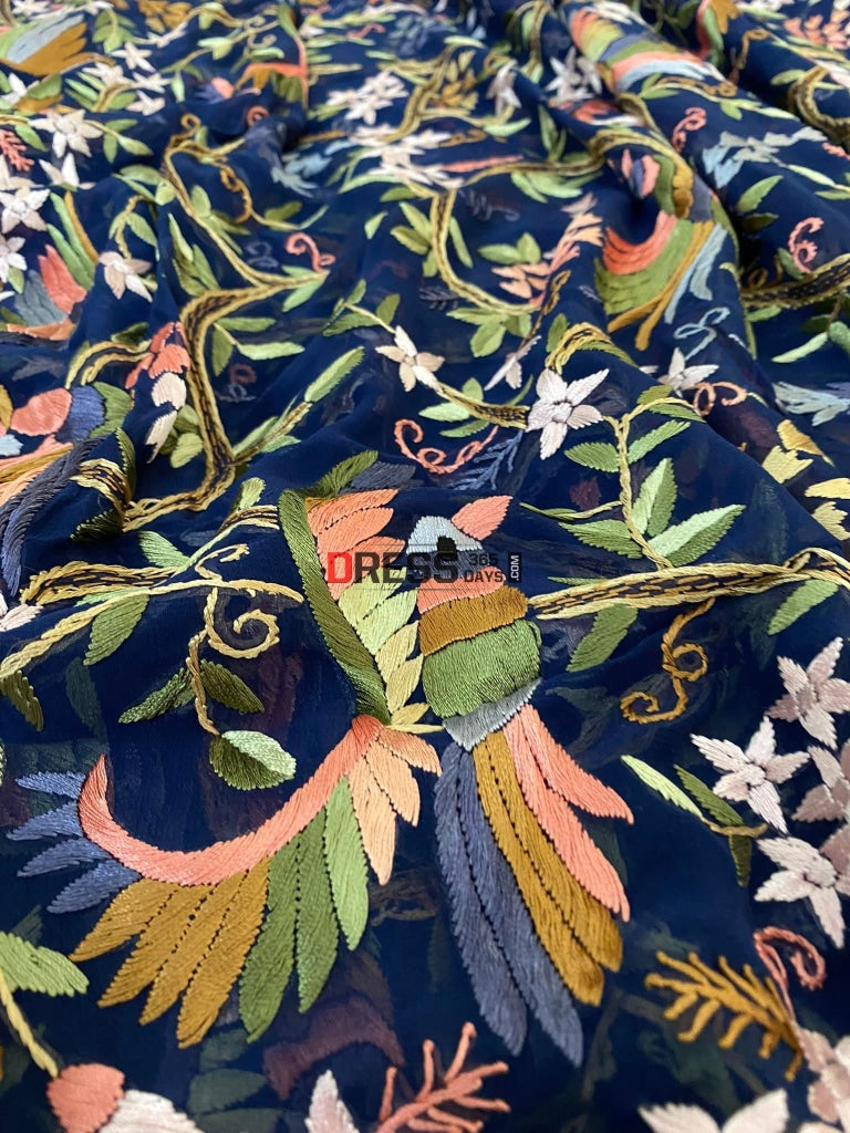 Midnight Blue & Multicolour Parsi Gara Hand Embroidered Dupatta