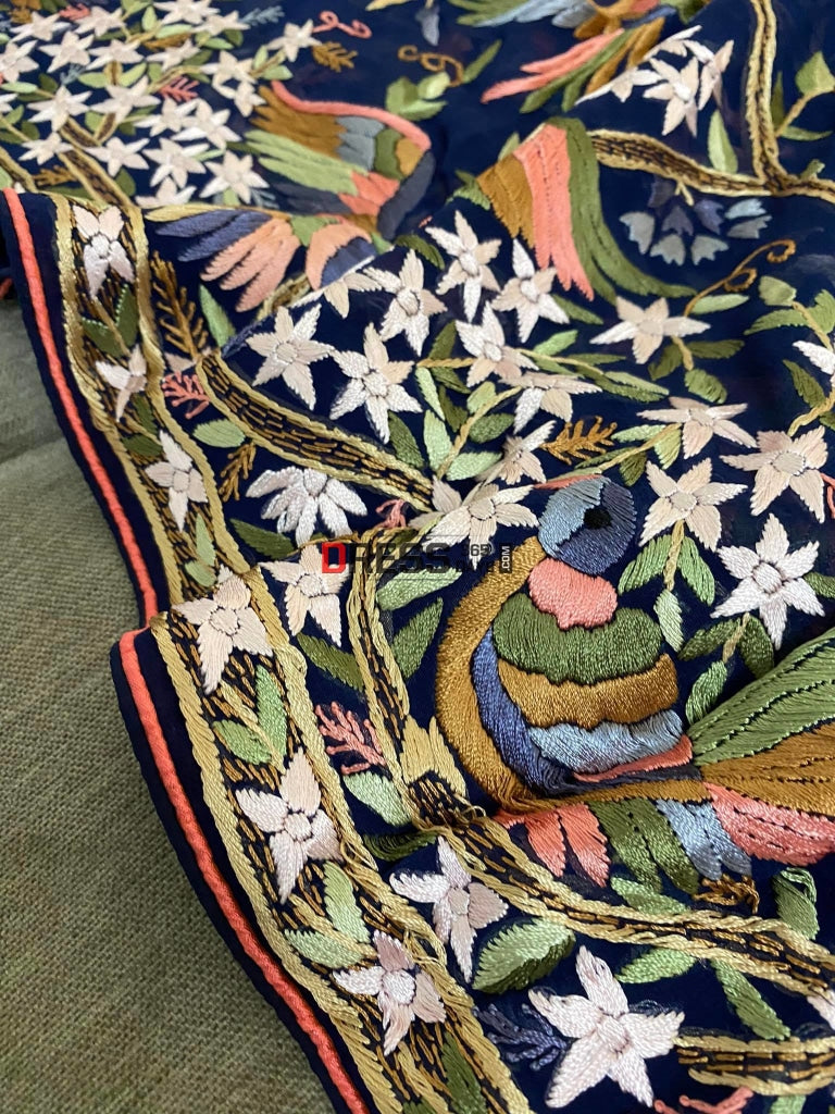 Midnight Blue & Multicolour Parsi Gara Hand Embroidered Dupatta