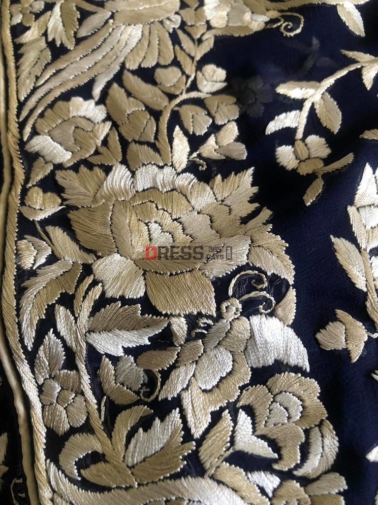 Midnight Blue Parsi Gara Saree With Two Tone Embroidery