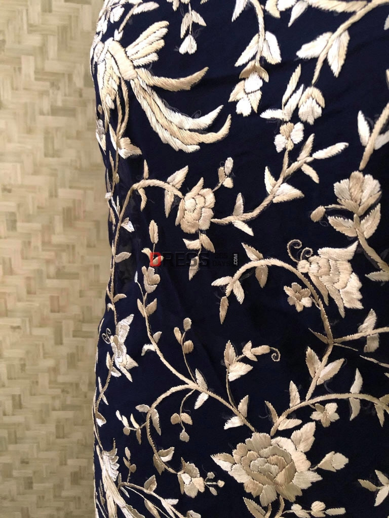 Midnight Blue Parsi Gara Saree With Two Tone Embroidery