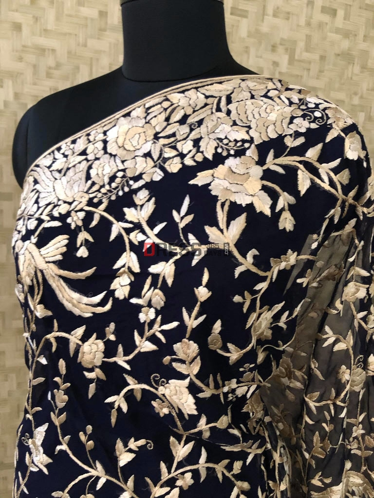 Midnight Blue Parsi Gara Saree With Two Tone Embroidery