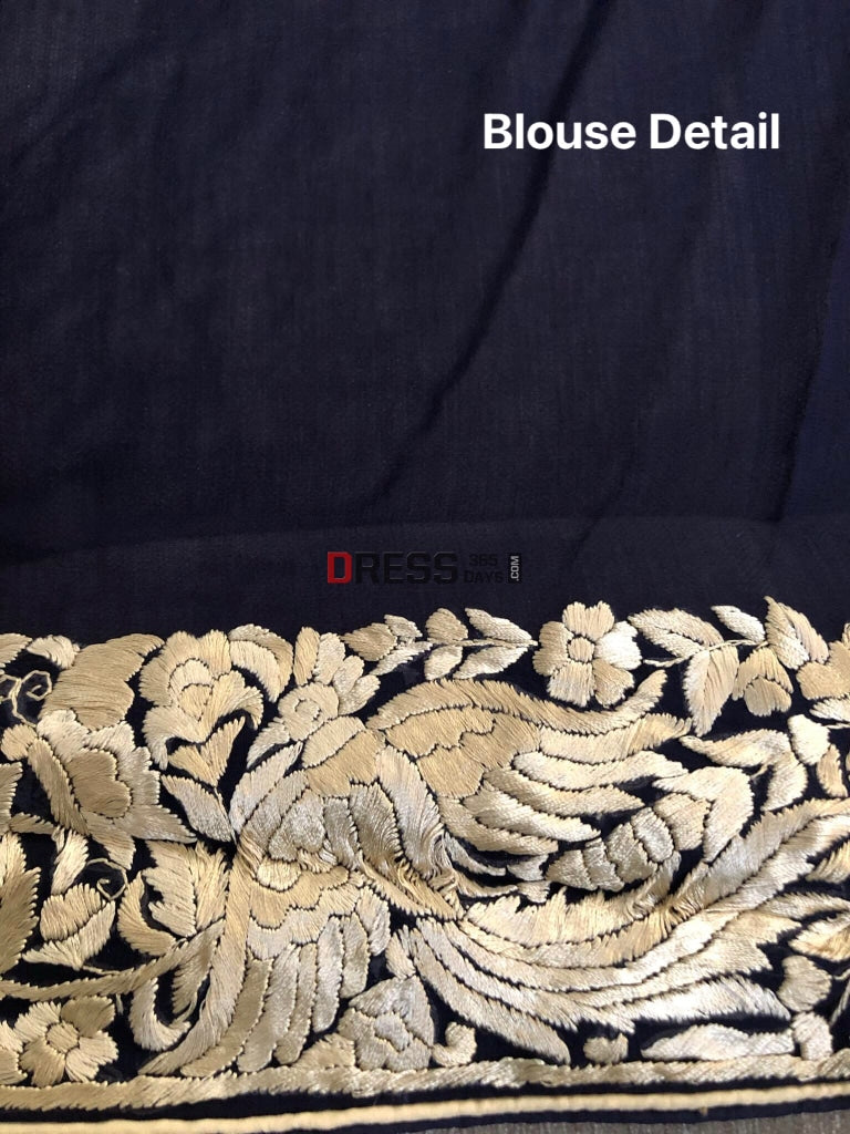 Midnight Blue Parsi Gara Saree With Two Tone Embroidery