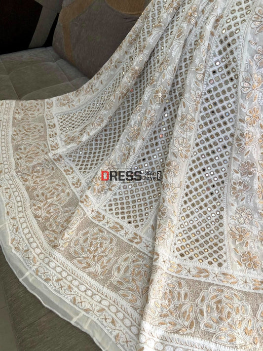 Mirror & Gota Work Ivory Lucknowi Anarkali Suit Chikankari Lehenga