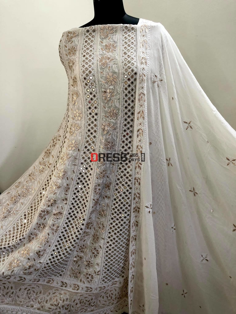 Mirror & Gota Work Ivory Lucknowi Anarkali Suit Chikankari Lehenga