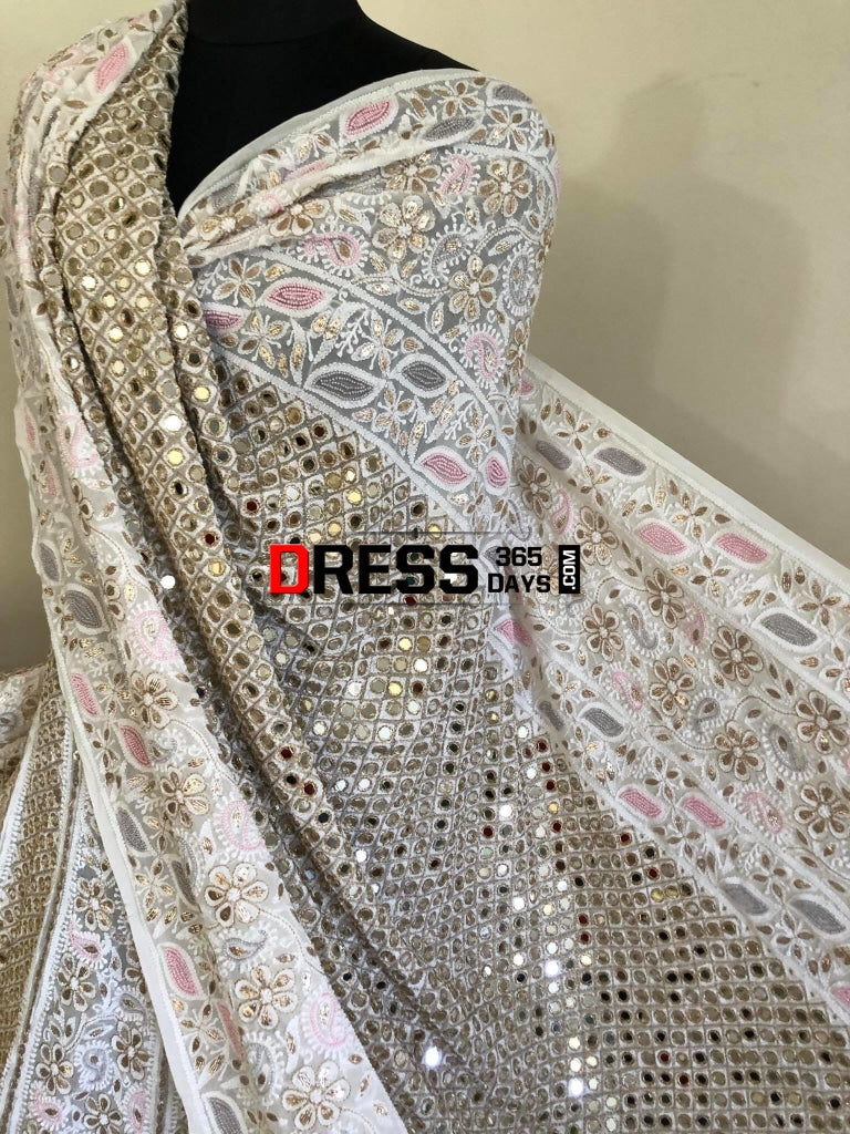 Multicolour Pearl And Heavy Mirror Work Lucknowi Lehenga Set Chikankari