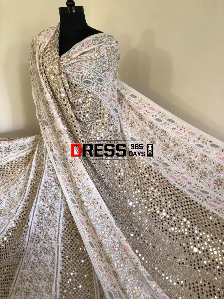Multicolour Pearl And Heavy Mirror Work Lucknowi Lehenga Set Chikankari