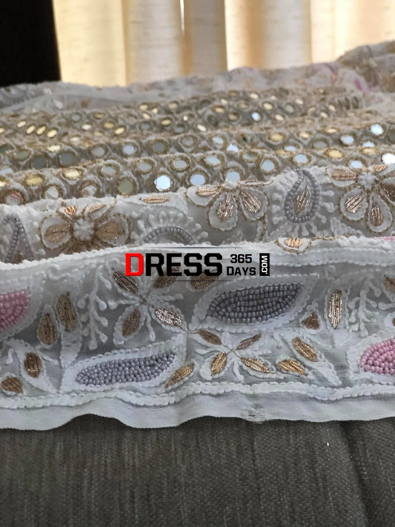 Multicolour Pearl And Heavy Mirror Work Lucknowi Lehenga Set Chikankari