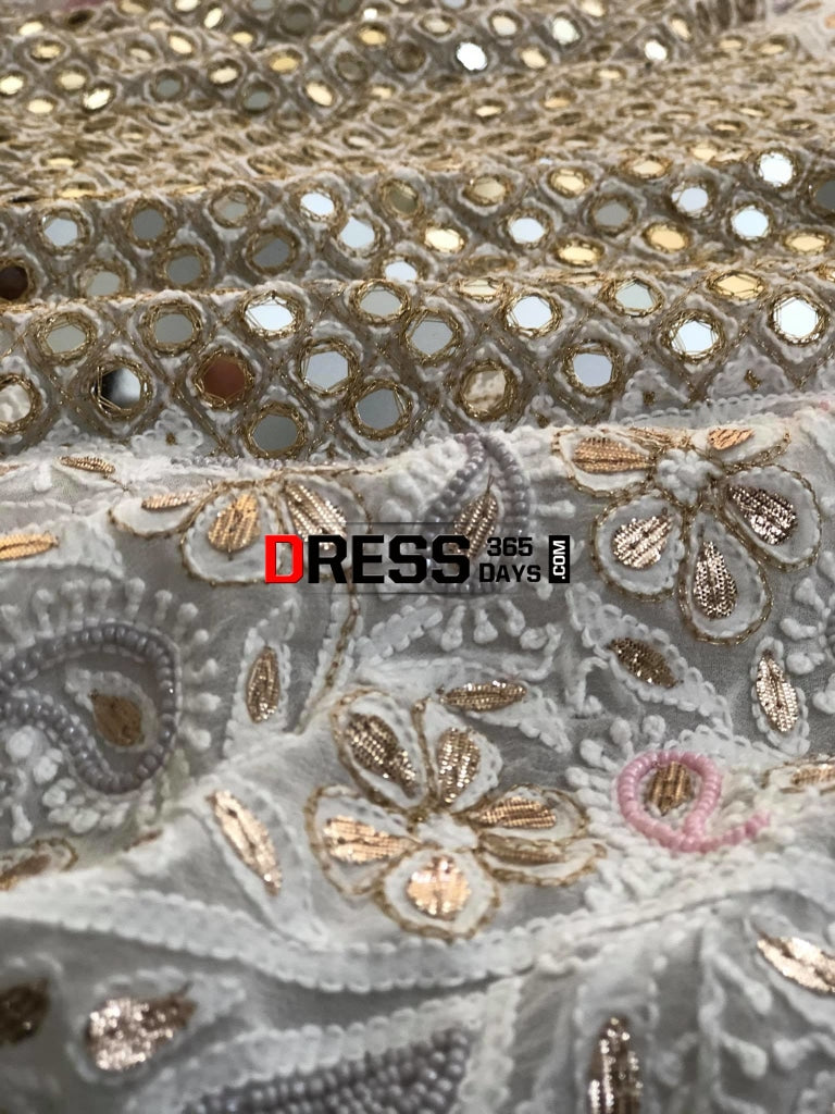 Multicolour Pearl And Heavy Mirror Work Lucknowi Lehenga Set Chikankari