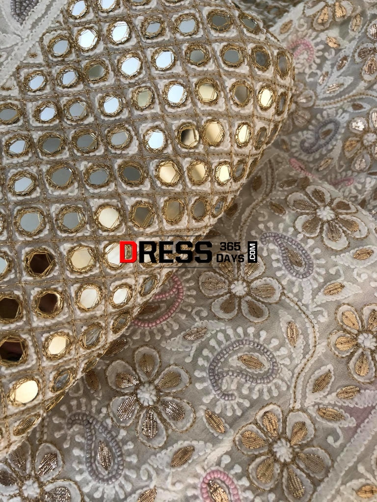 Multicolour Pearl And Heavy Mirror Work Lucknowi Lehenga Set Chikankari