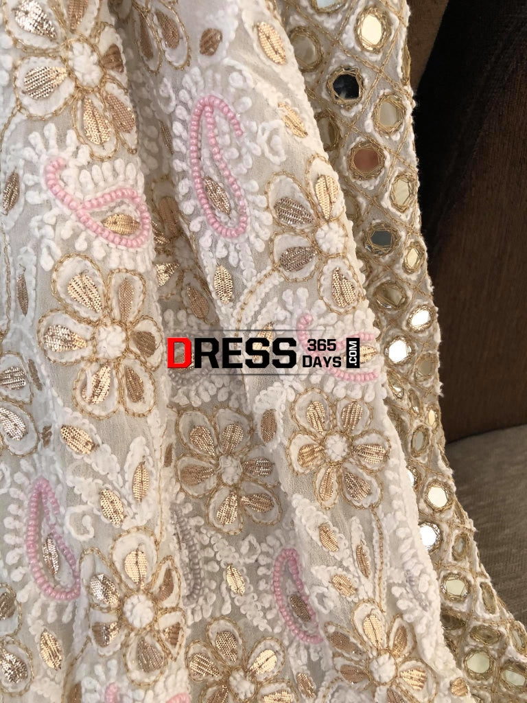 Multicolour Pearl And Heavy Mirror Work Lucknowi Lehenga Set Chikankari