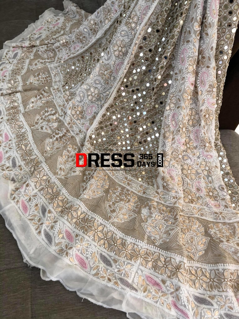 Multicolour Pearl And Heavy Mirror Work Lucknowi Lehenga Set Chikankari