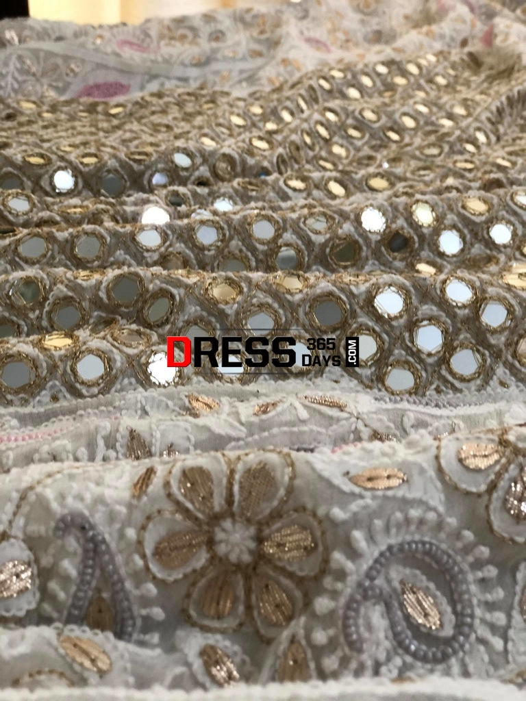 Multicolour Pearl And Heavy Mirror Work Lucknowi Lehenga Set Chikankari