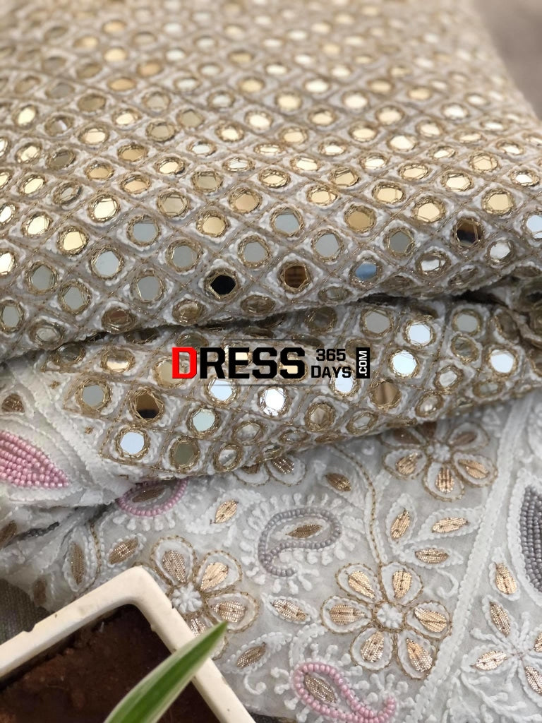 Multicolour Pearl And Heavy Mirror Work Lucknowi Lehenga Set Chikankari