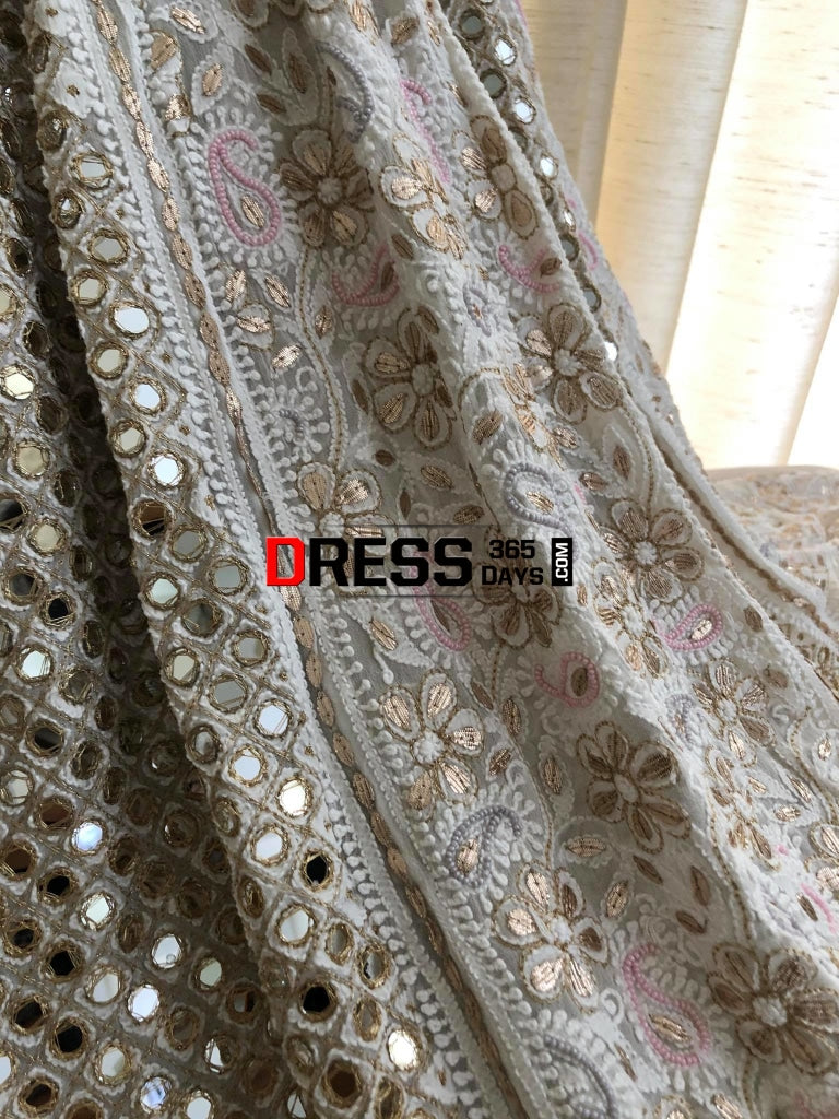 Multicolour Pearl And Heavy Mirror Work Lucknowi Lehenga Set Chikankari