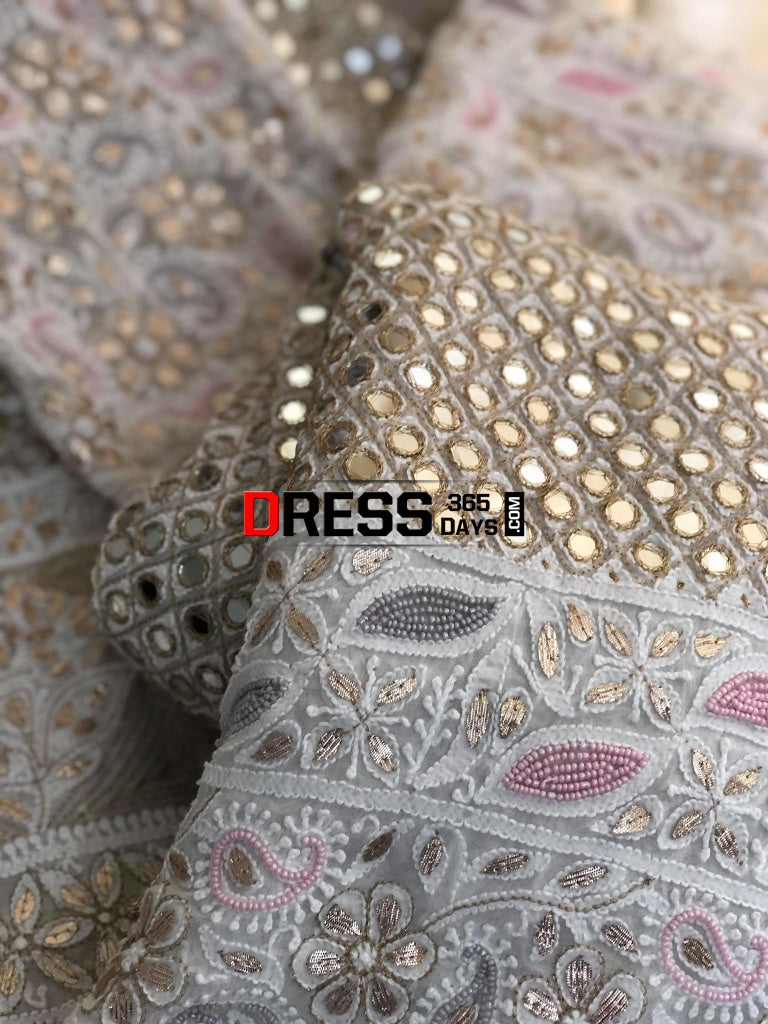 Multicolour Pearl And Heavy Mirror Work Lucknowi Lehenga Set Chikankari