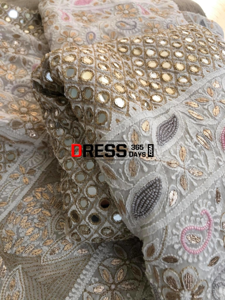 Multicolour Pearl And Heavy Mirror Work Lucknowi Lehenga Set Chikankari