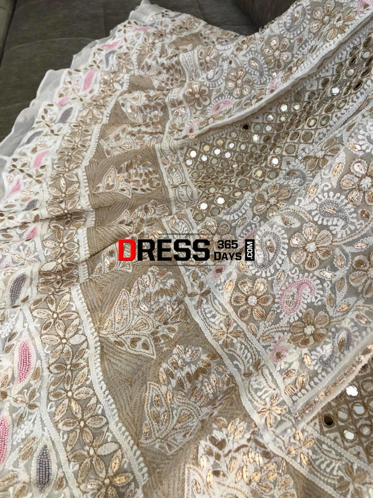 Multicolour Pearl And Heavy Mirror Work Lucknowi Lehenga Set Chikankari