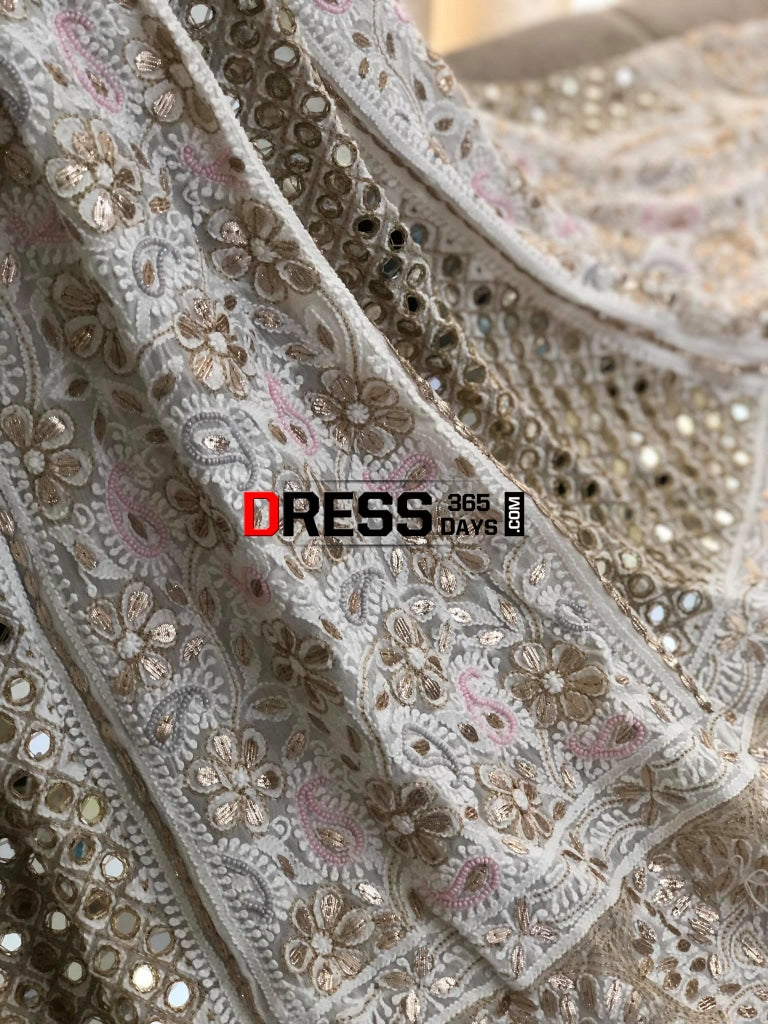 Multicolour Pearl And Heavy Mirror Work Lucknowi Lehenga Set Chikankari