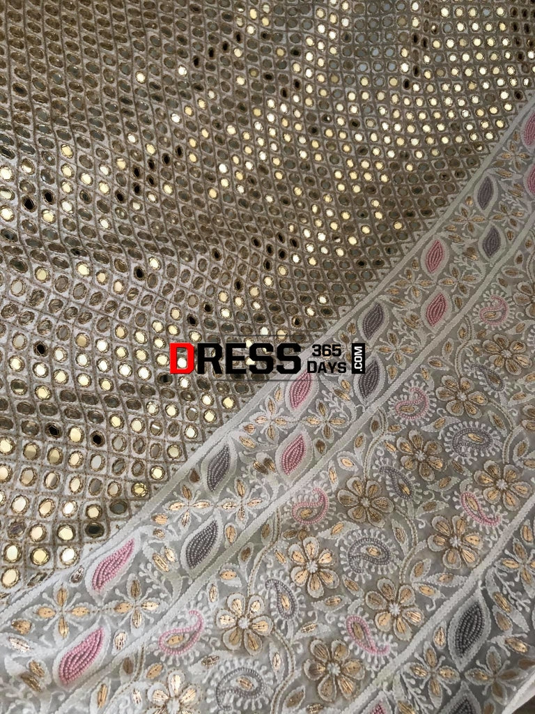 Multicolour Pearl And Heavy Mirror Work Lucknowi Lehenga Set Chikankari