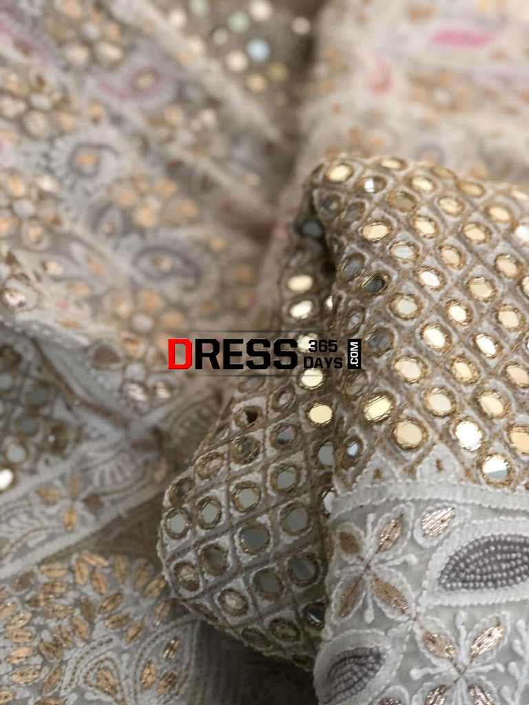 Multicolour Pearl And Heavy Mirror Work Lucknowi Lehenga Set Chikankari