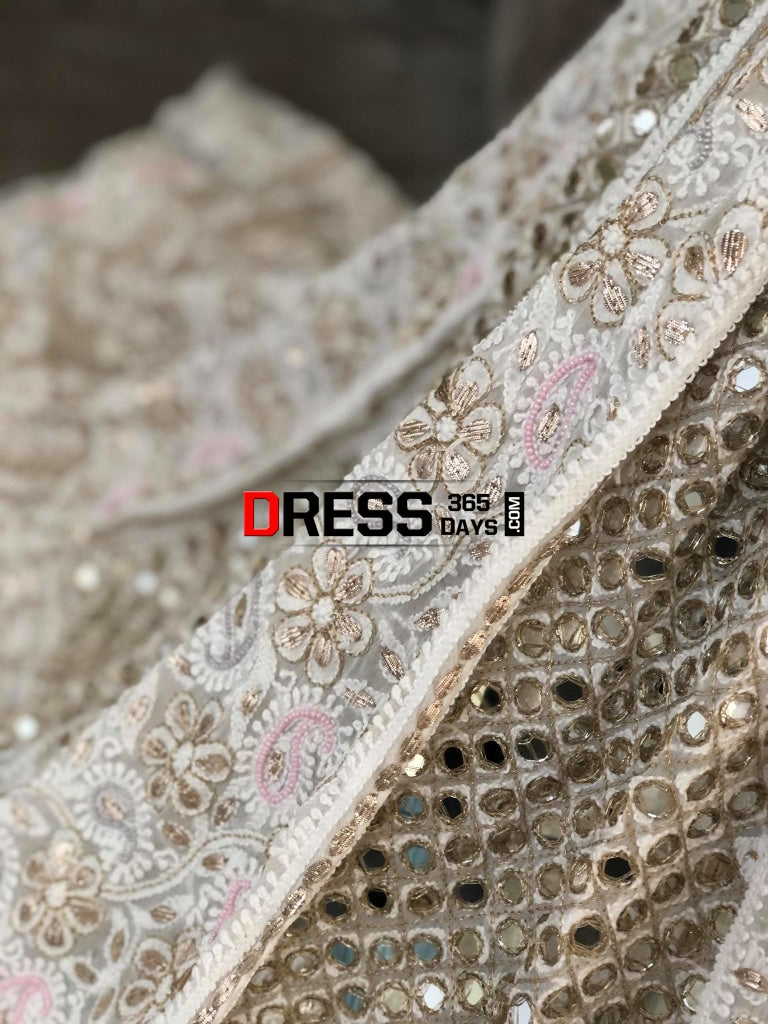 Multicolour Pearl And Heavy Mirror Work Lucknowi Lehenga Set Chikankari
