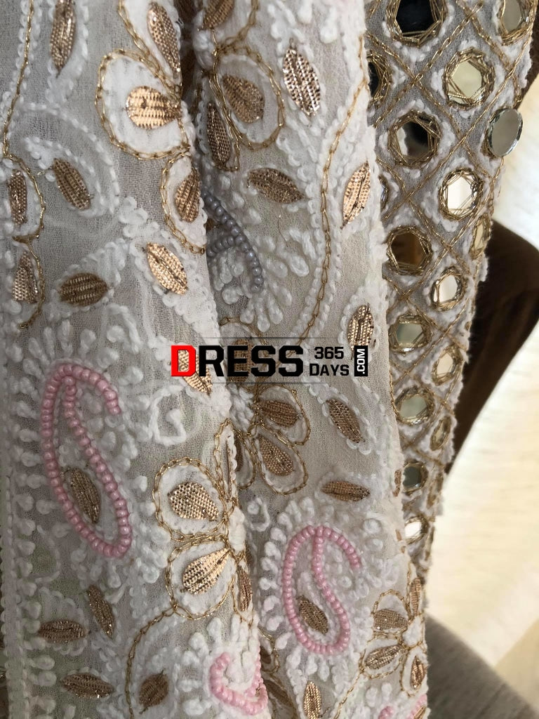 Multicolour Pearl And Heavy Mirror Work Lucknowi Lehenga Set Chikankari