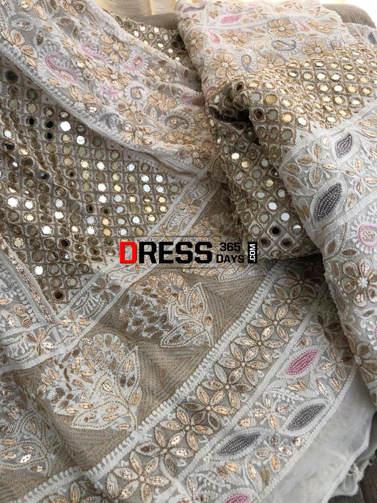 Multicolour Pearl And Heavy Mirror Work Lucknowi Lehenga Set Chikankari