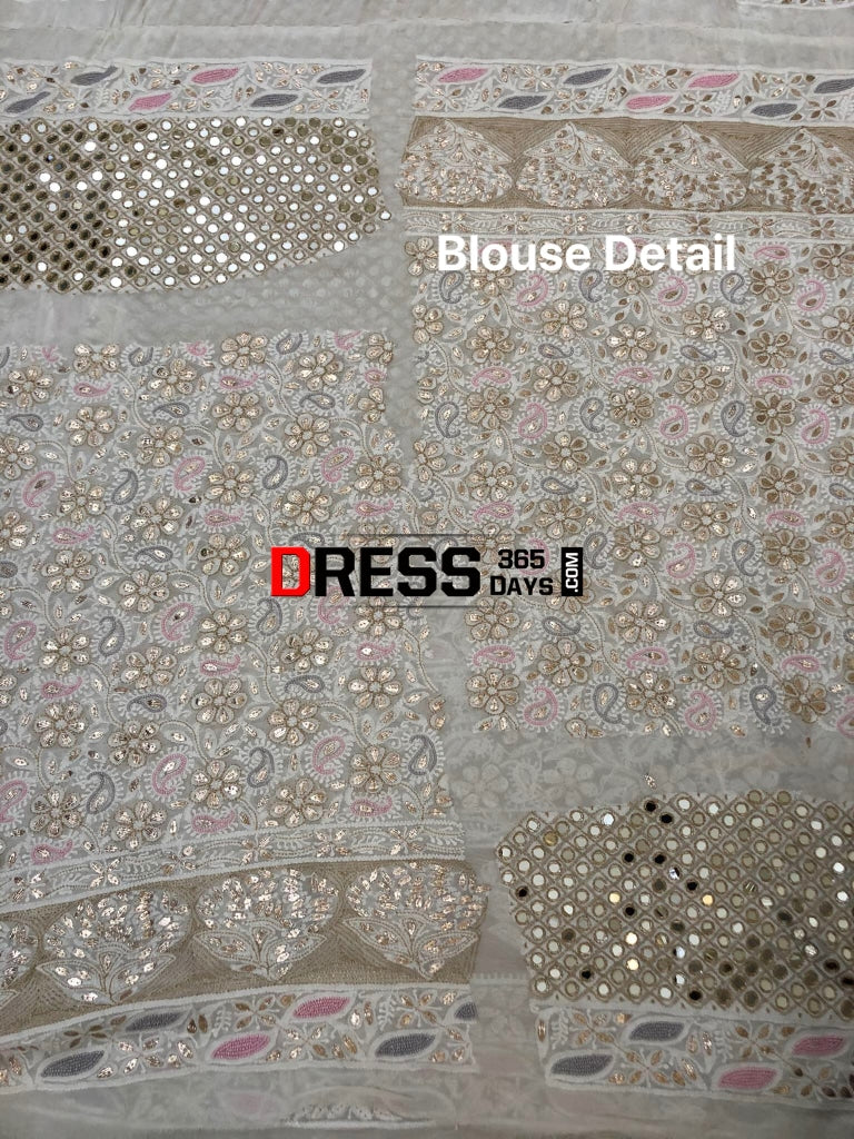 Multicolour Pearl And Heavy Mirror Work Lucknowi Lehenga Set Chikankari