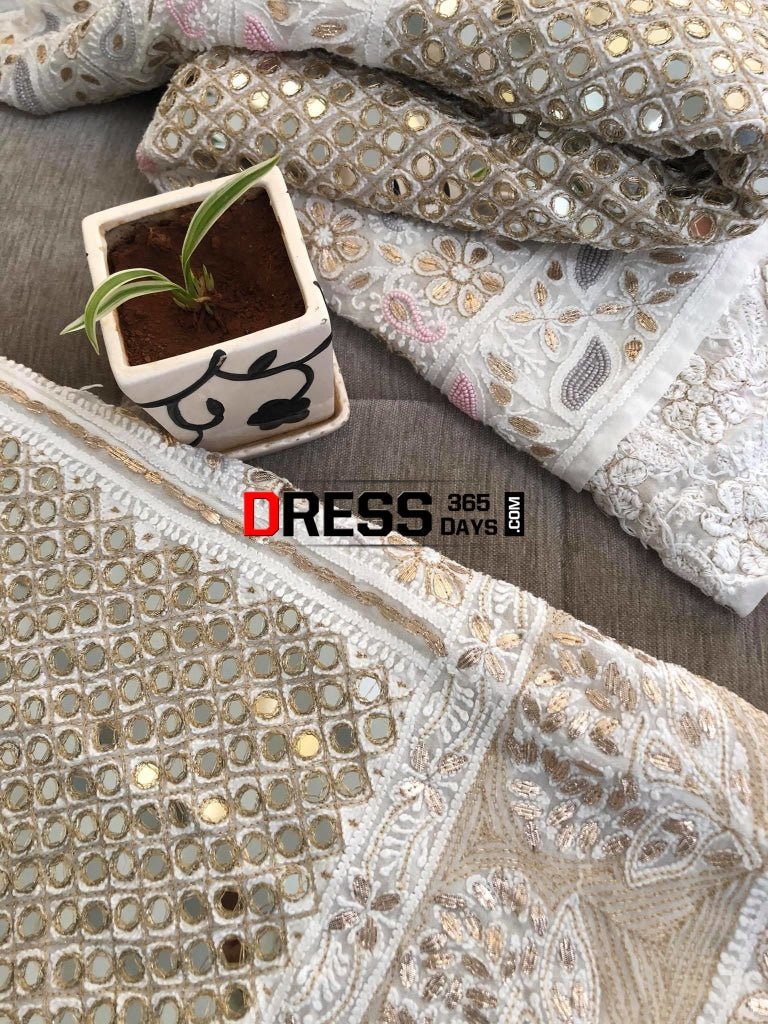 Multicolour Pearl And Heavy Mirror Work Lucknowi Lehenga Set Chikankari