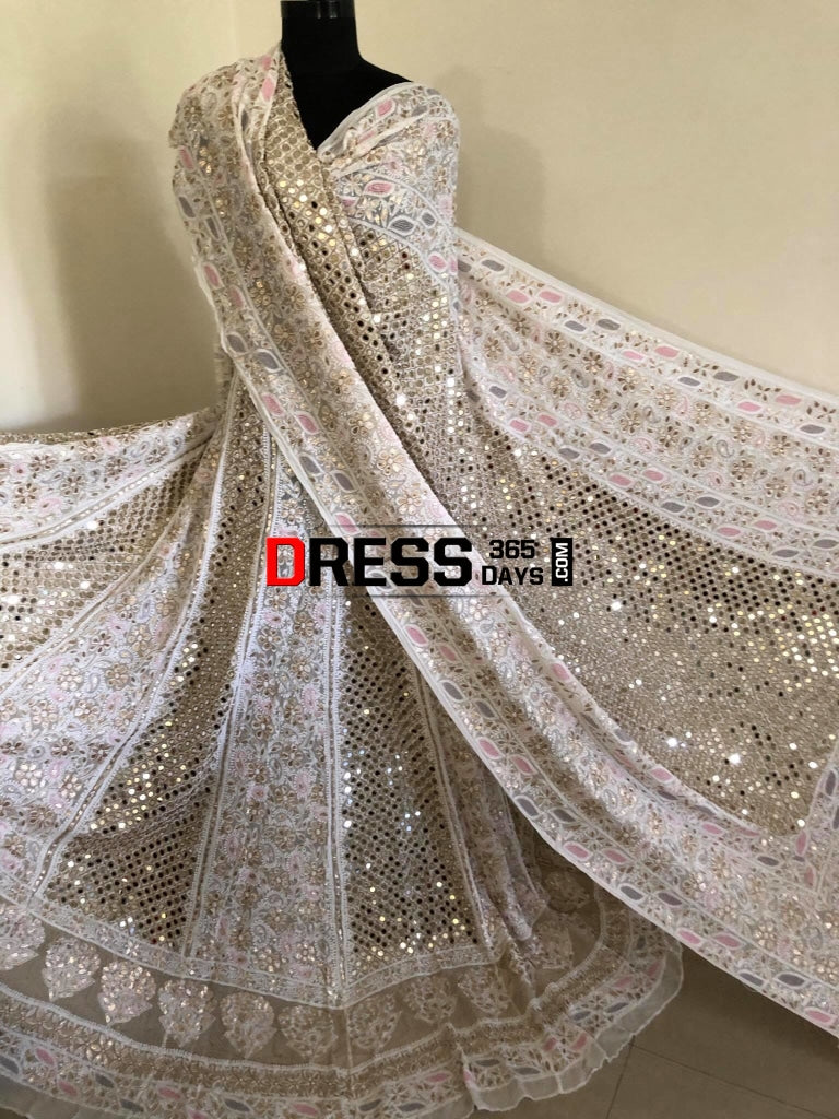 Multicolour Pearl And Heavy Mirror Work Lucknowi Lehenga Set Chikankari