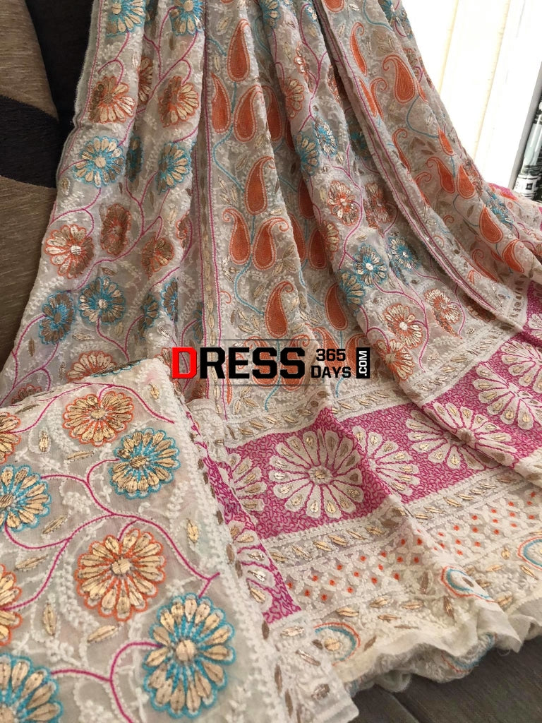Multicolour Resham Chikankari Lehenga Set With Gota Patti Work