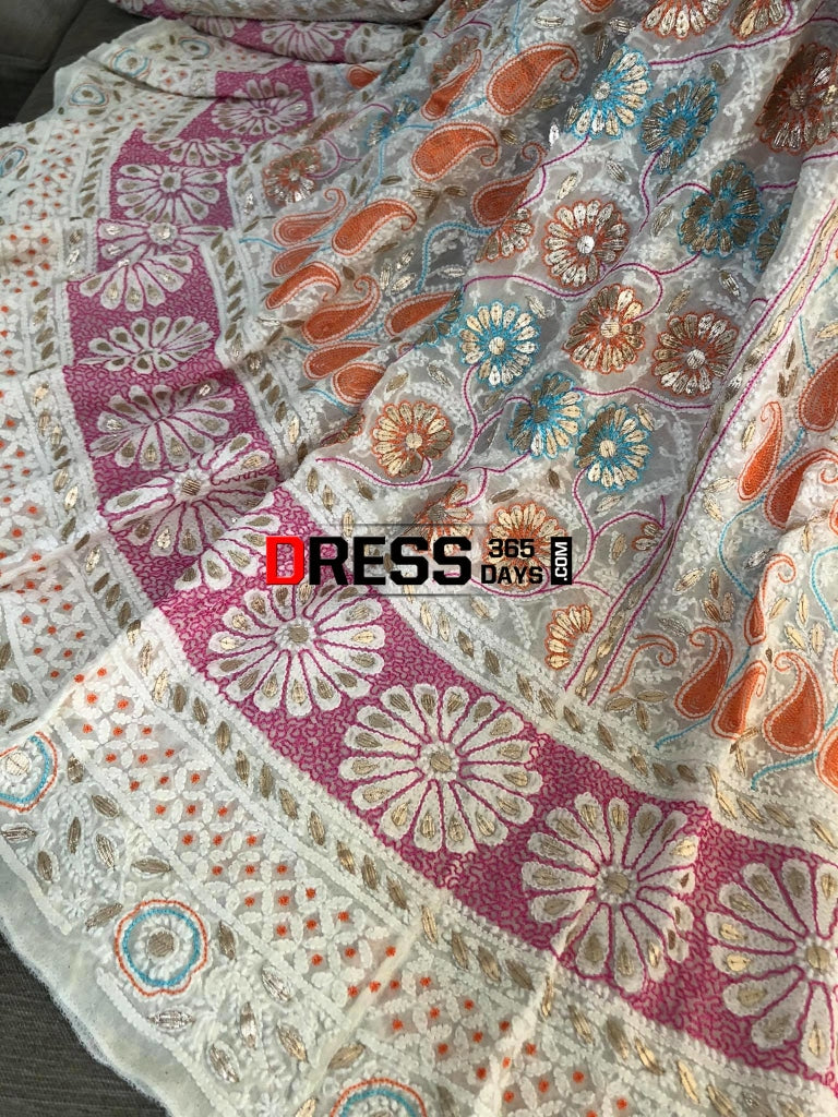 Multicolour Resham Chikankari Lehenga Set With Gota Patti Work