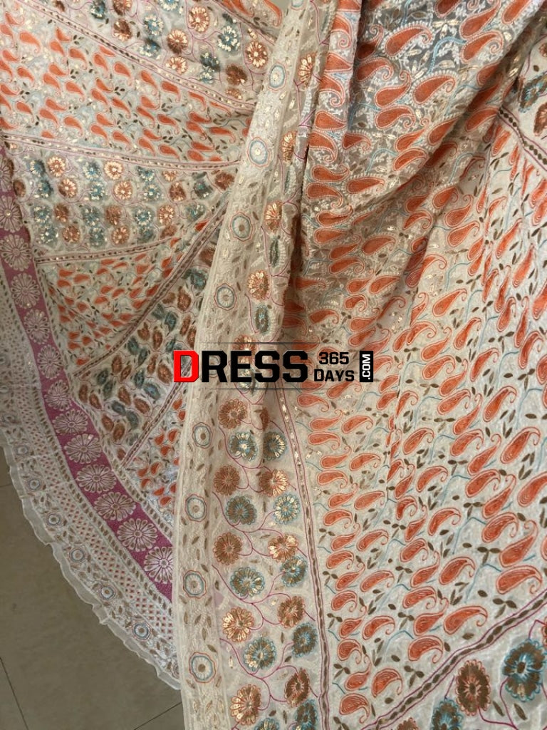 Multicolour Resham Chikankari Lehenga Set With Gota Patti Work