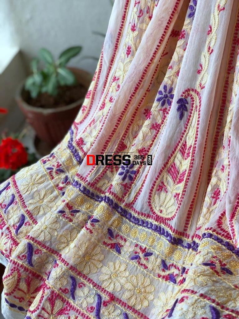Multicolour Resham Work Chikankari Anarkali Suit (Anarkali And Dupatta)