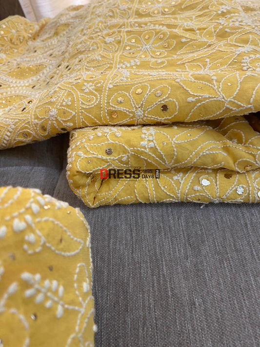 Mustard Yellow Chikankari And Kamdani Lehenga Set