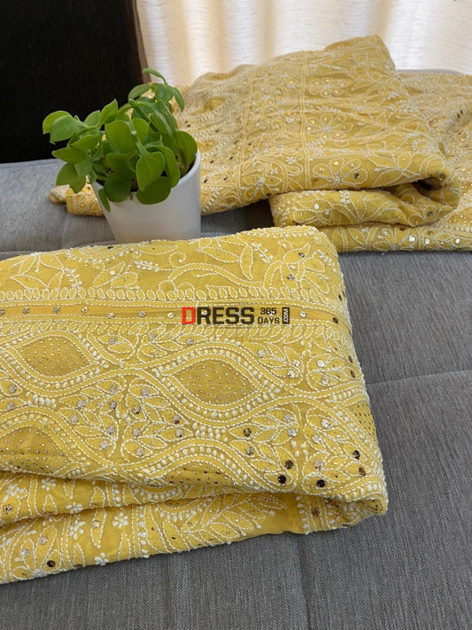 Mustard Yellow Chikankari And Kamdani Lehenga Set