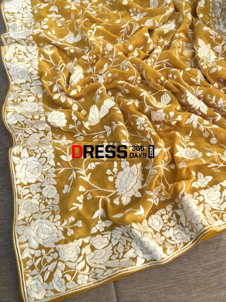 Mustard Yellow Hand Embroidered Parsi Gara Dupatta