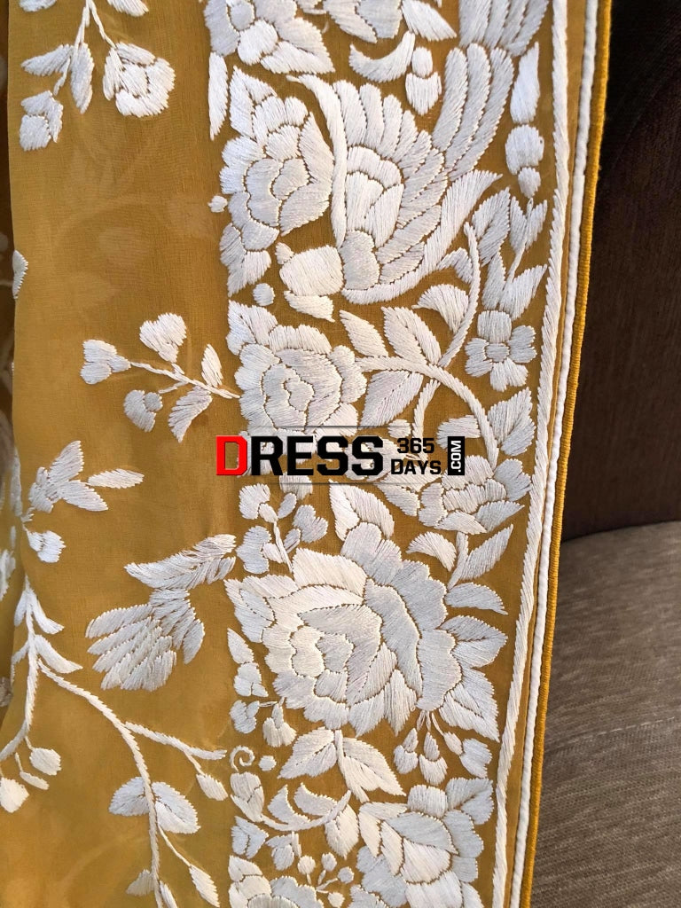 Mustard Yellow Hand Embroidered Parsi Gara Dupatta