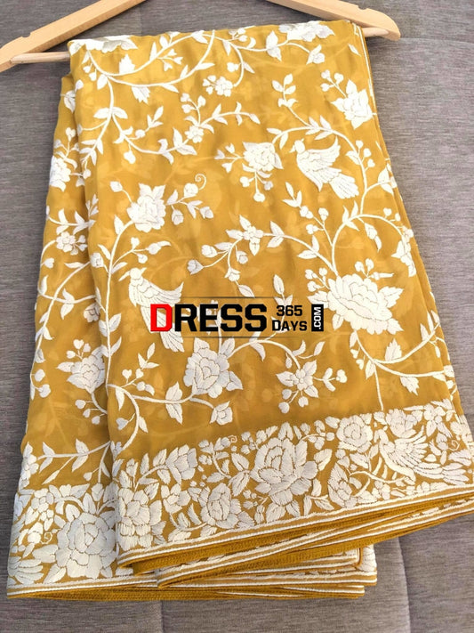 Mustard Yellow Hand Embroidered Parsi Gara Dupatta