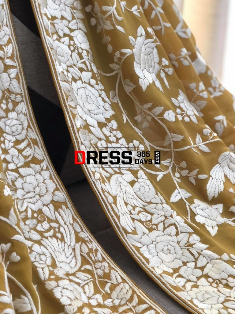 Mustard Yellow Hand Embroidered Parsi Gara Dupatta